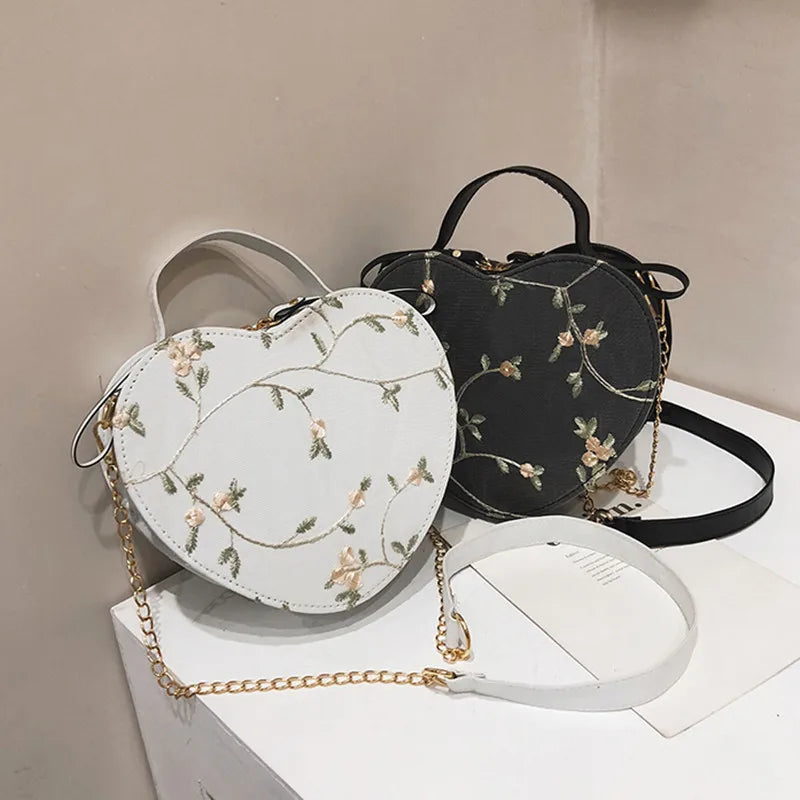 Female Sweet Lace Heart Round Handbags High Quality PU Leather Cross Body Bags for Women Small Fresh Flower Chain Shoulder Bags