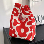 Load image into Gallery viewer, 1Pc Knitted Wrist Bag Women Bag Casual Shoulder Bag Tote Bag Flower Print Female Reusable Shopping Bags Woven Handbag Fashion
