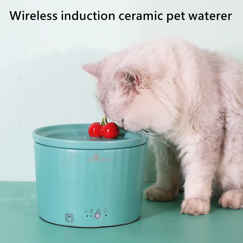 Ceramic Water Fountain For Cats,wireless Drinker,smart Reminder, Intelligent Sensing Pet Bowl, Indoor Decor, Pet Accessories