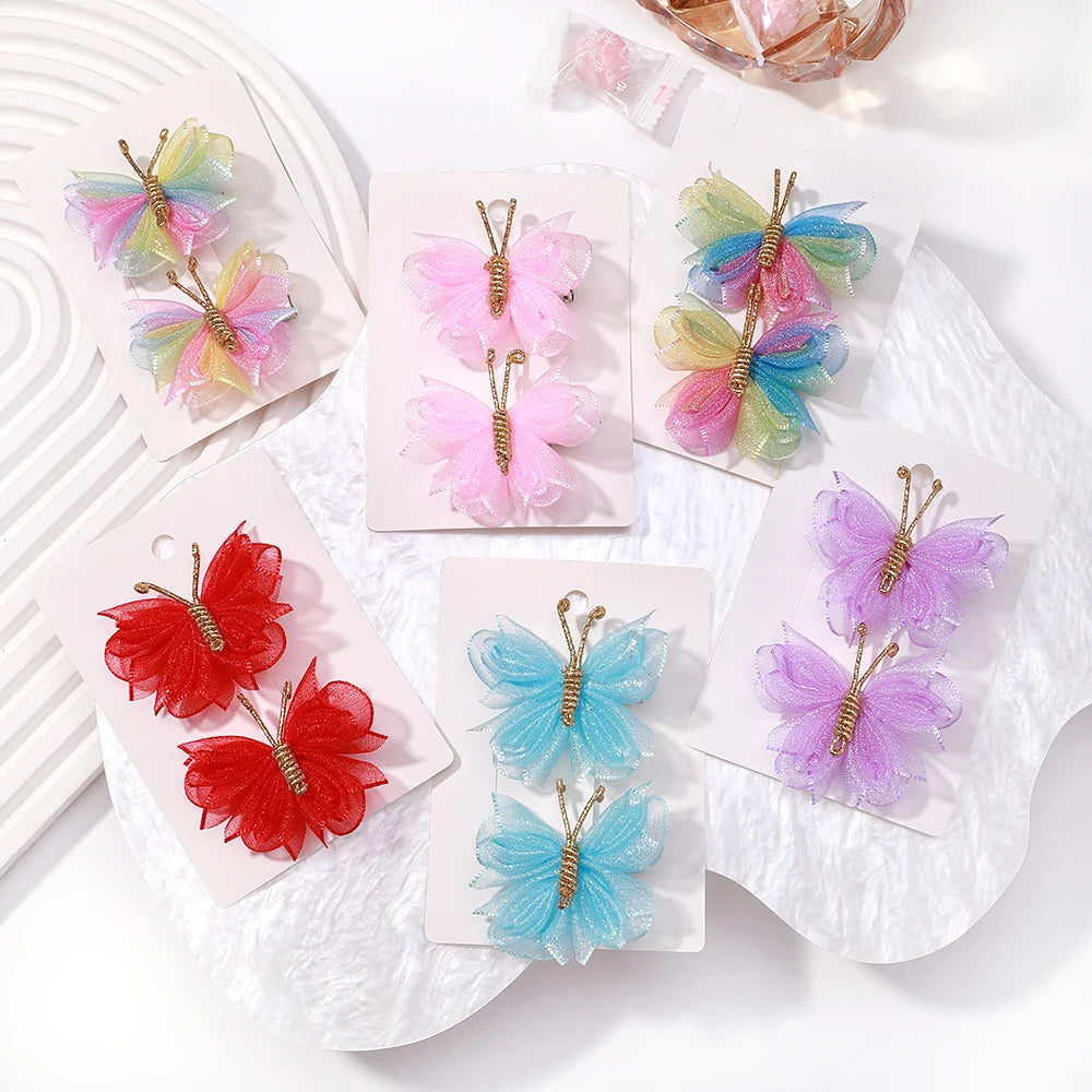 2pcs/set Butterfly Hair Clip Gradient Flocking Hairpins with Gold Color Cute Gauze Headwear Girls Children Hair Accessories Gift