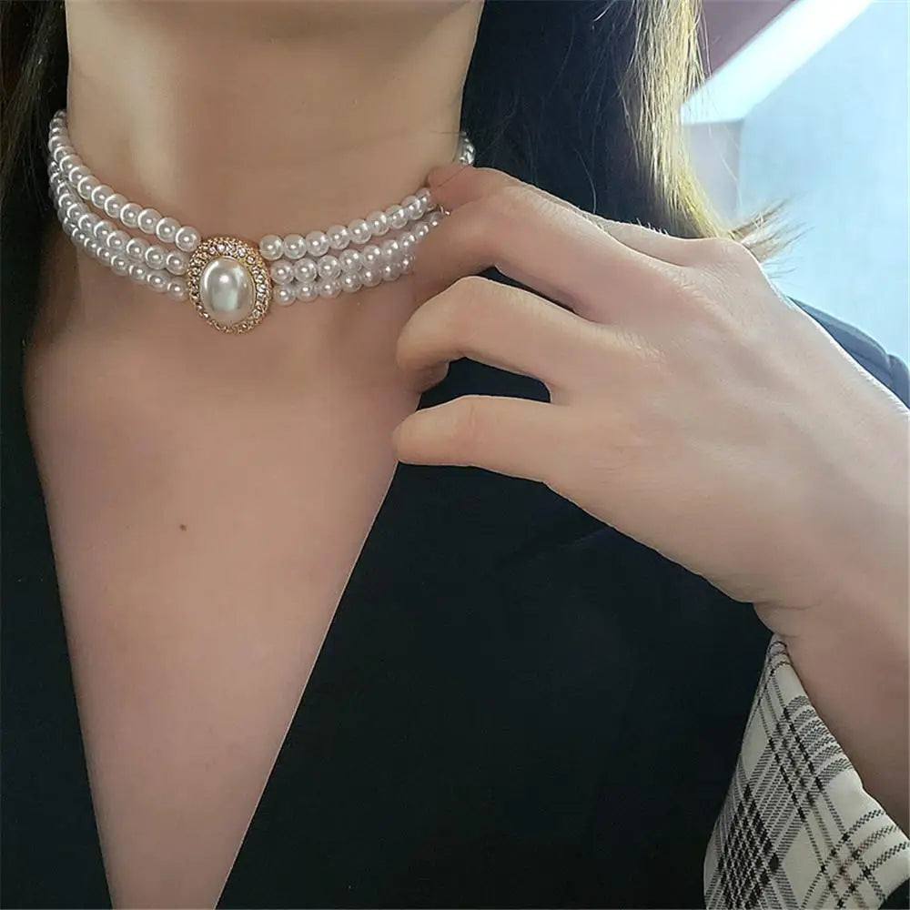 Fashion Rhinestone Simulated Pearl Necklace Earrings Set for Women Wedding Party Gift Jewelry Luxury Vintage Multi-Layer Chokers