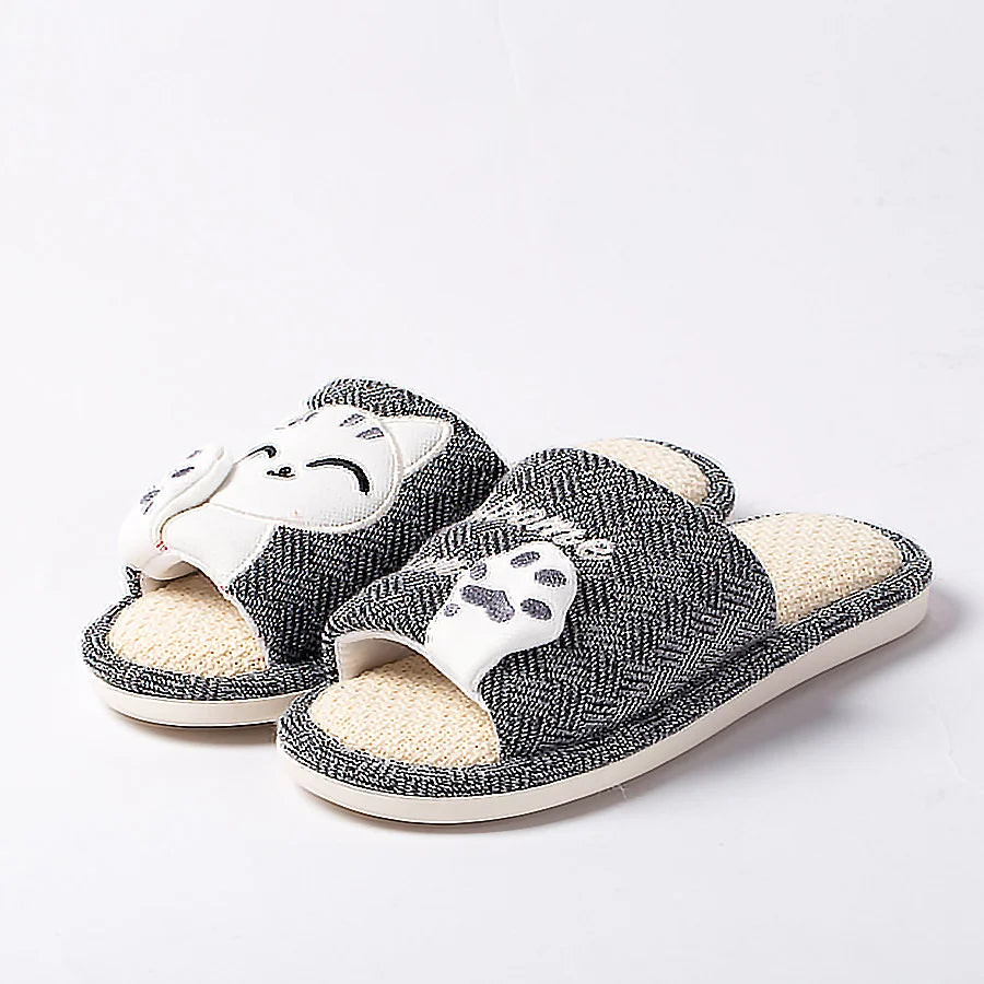 Cute Cat Platform Slippers Women Four Seasons New Linen Women's Thick Sandals Home Cartoon Slides Soft Non-slip Shoes 2024 New