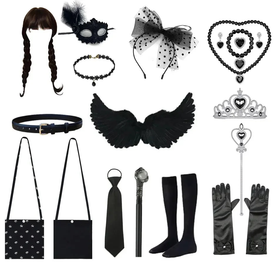 Wednesday Addams Accessories Girls Carnival Costumes Necklaces Hair Accessories Gloves Bag Crowns for Kids Girl