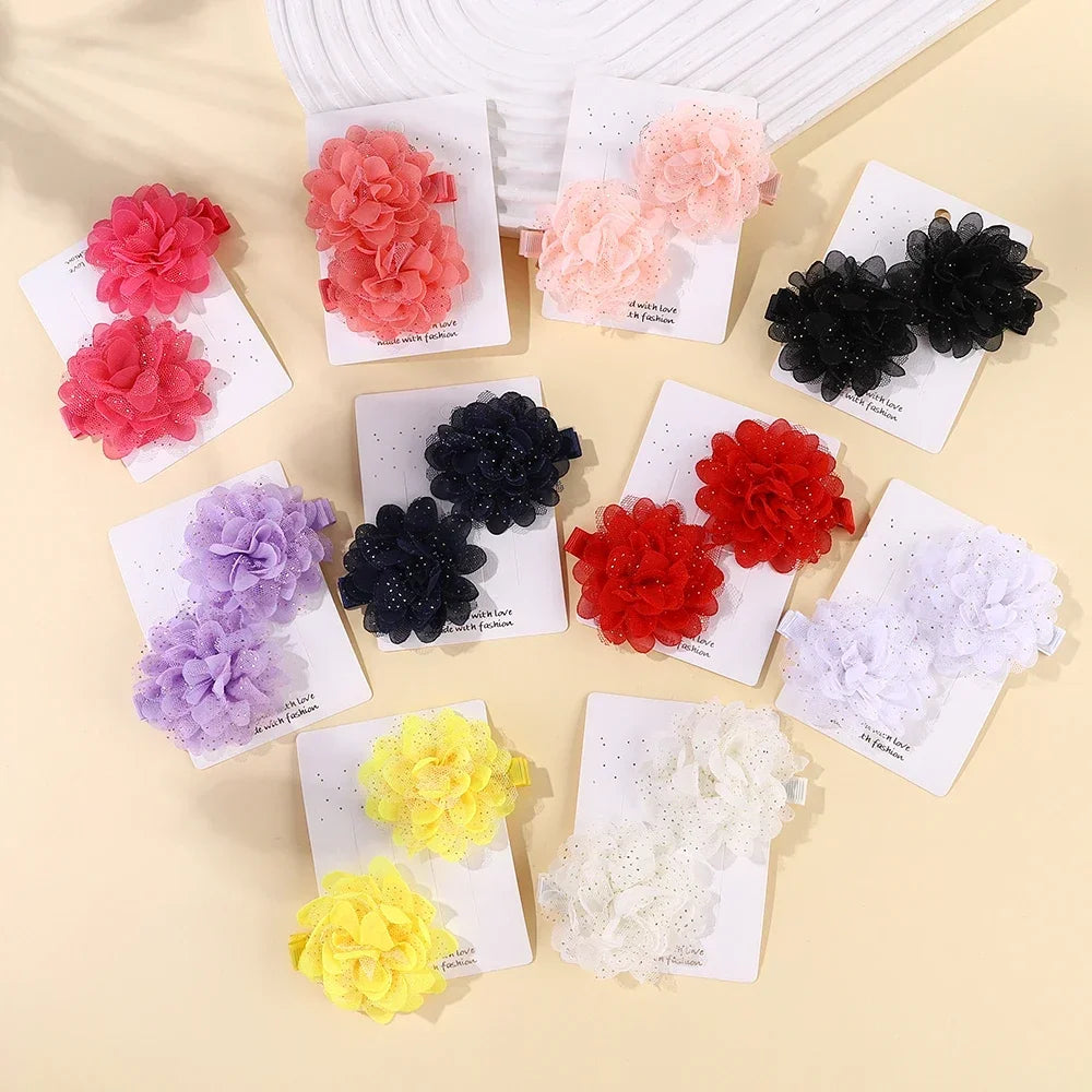 2pcs/set Girls Cute Flower Bow Star Solid Color Safe Nylon &knitting & Mesh Kids Hair Clips  Accessories Hairpins For Children