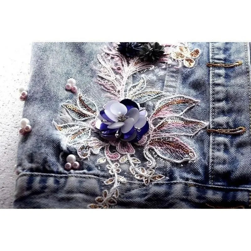 2024 Denim Women Vest Pearl Fashion Ripped Autumn Jeans Jacket Sleeveless Loose Short Coat Streetwear Beaded Flower Denim Vest