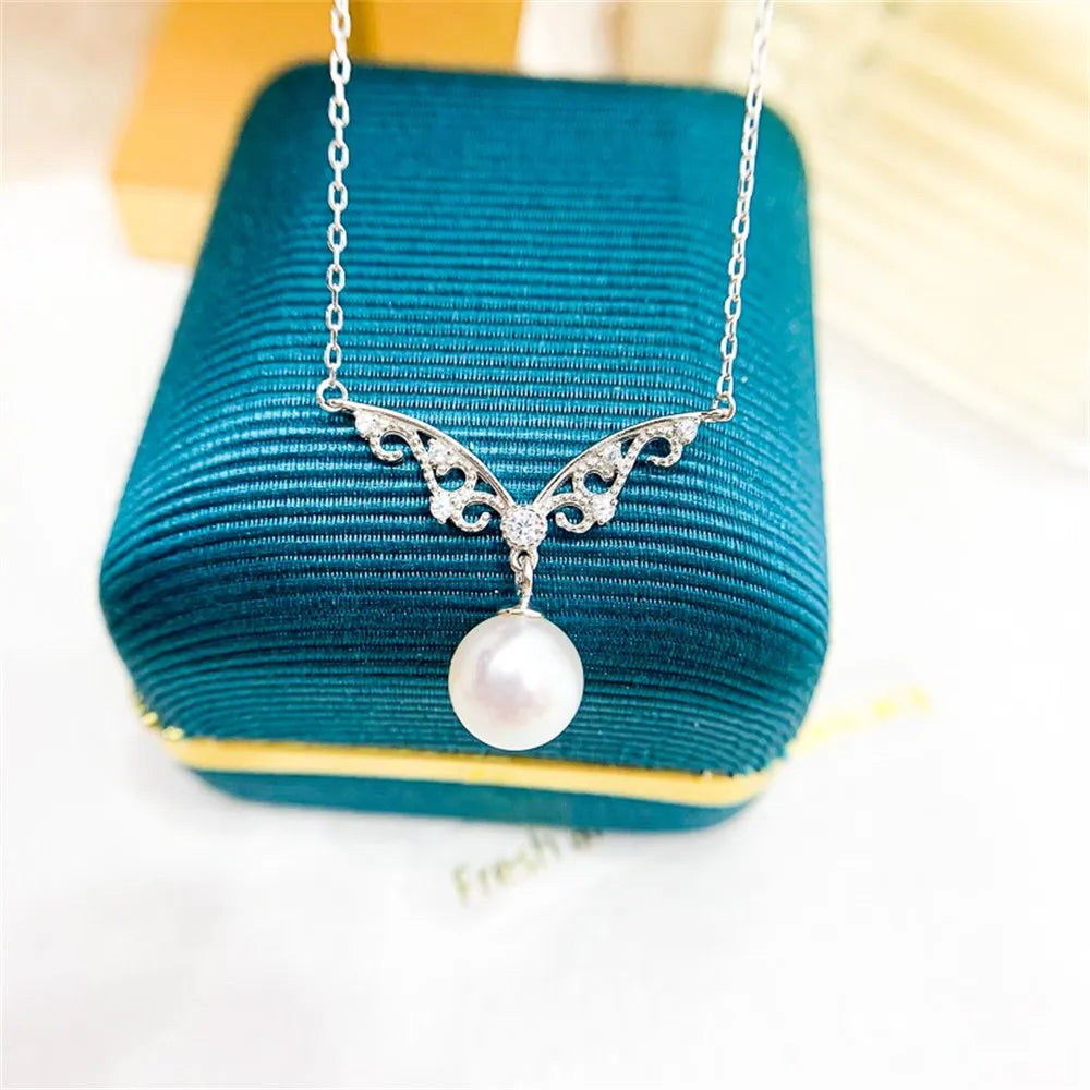 DIY Pearl Accessories S925 Pure Silver Set Chain Empty Support Fashion Pendant with Silver Chain Women's 8-12mm Round L036