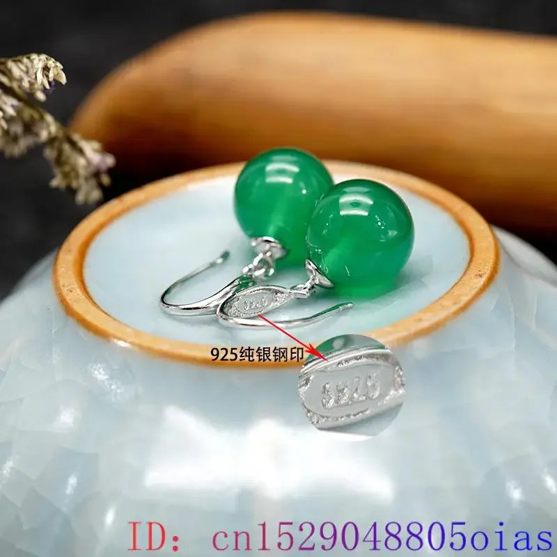 Green Real Jade Bead Earrings 925 Silver Gift Talismans Designer Carved Natural Jewelry Women Fashion Gemstone Gifts Stone