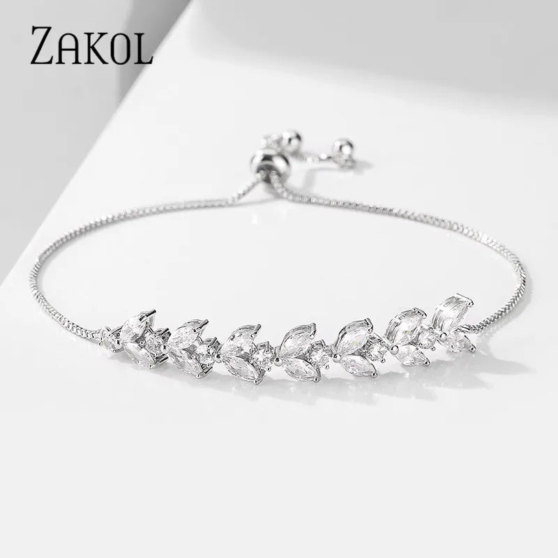 ZAKOL Fashion Leaf Zircon Adjustable Bracelets for Women Bride Wedding Jewelry