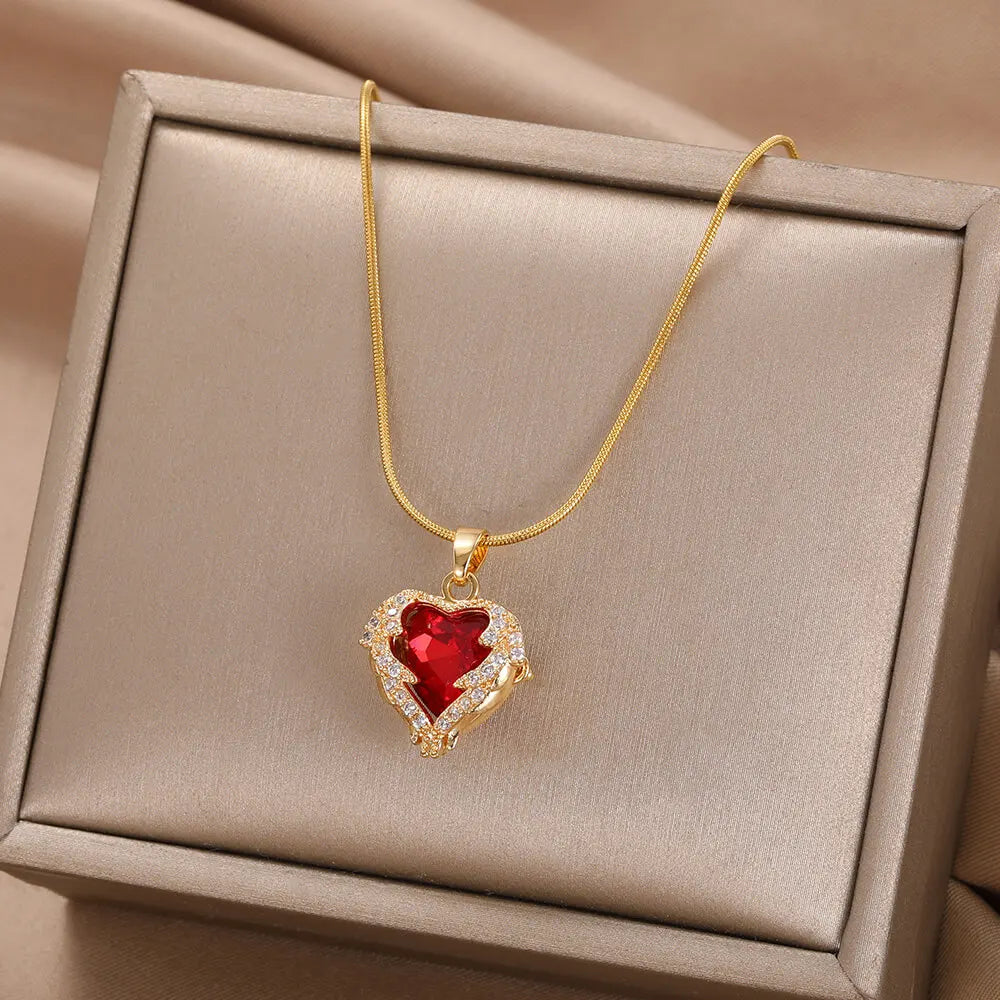 Delicate Enamel Heart Pendants Necklaces for Women Gold Color Black Red Love Drop Necklaces Fashion Jewelry Valentine's Gifts