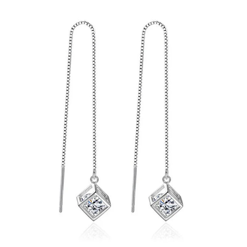 JewelryTop Elegant Fine 925 Sterling Silver Earrings Charms Cube Love Zirconia Sugar Drop  Chain Long Tassel