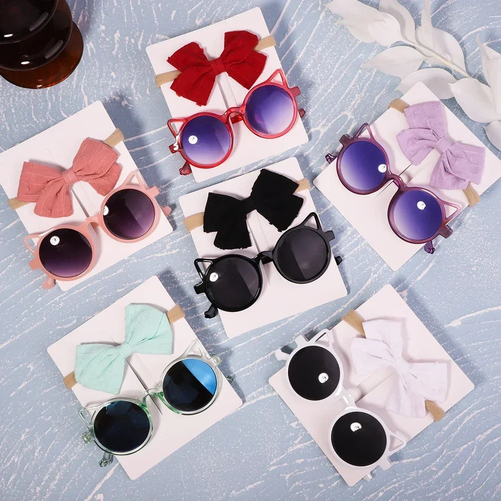 2Pcs/set Kids Summer Round Sunglasses Bows Headband Gift Sets Children Lovely Glasses Protection Hair Accessories for Girls