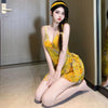 Summer Women's New Beach Style Sexy Yellow Print War robe sling Deep V low-cut Lace up Irregular backless Mini Dress