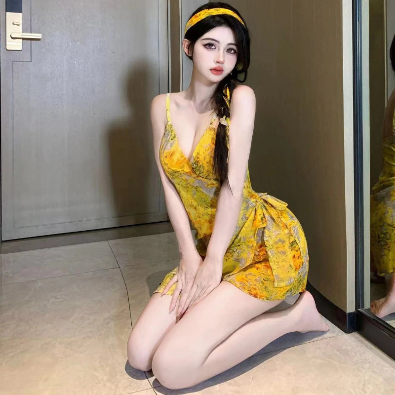 Summer Women's New Beach Style Sexy Yellow Print War robe sling Deep V low-cut Lace up Irregular backless Mini Dress