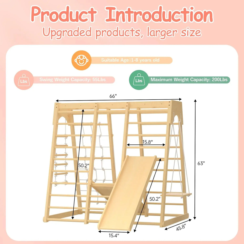 Toddler Climbing Toys Indoor, 66inch Indoor Jungle Gym, 8-in-1 Wooden Indoor Playground Set， Rope Wall Ladder for Kids 1-8yrs