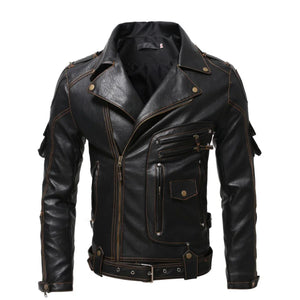 Vintage Motorcycle Multi-zip Jacket With Lapel Pu Leather Multi-pocket Leather Jacket