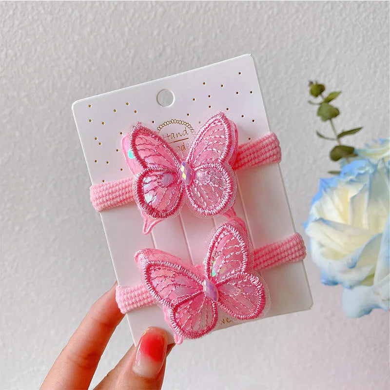 2PCS New Sequin Butterfly Girls Tie Up A Ponytail Kids Elastic Hair Bands Hair Accessories Cute Children Hair Ties Baby Headwear