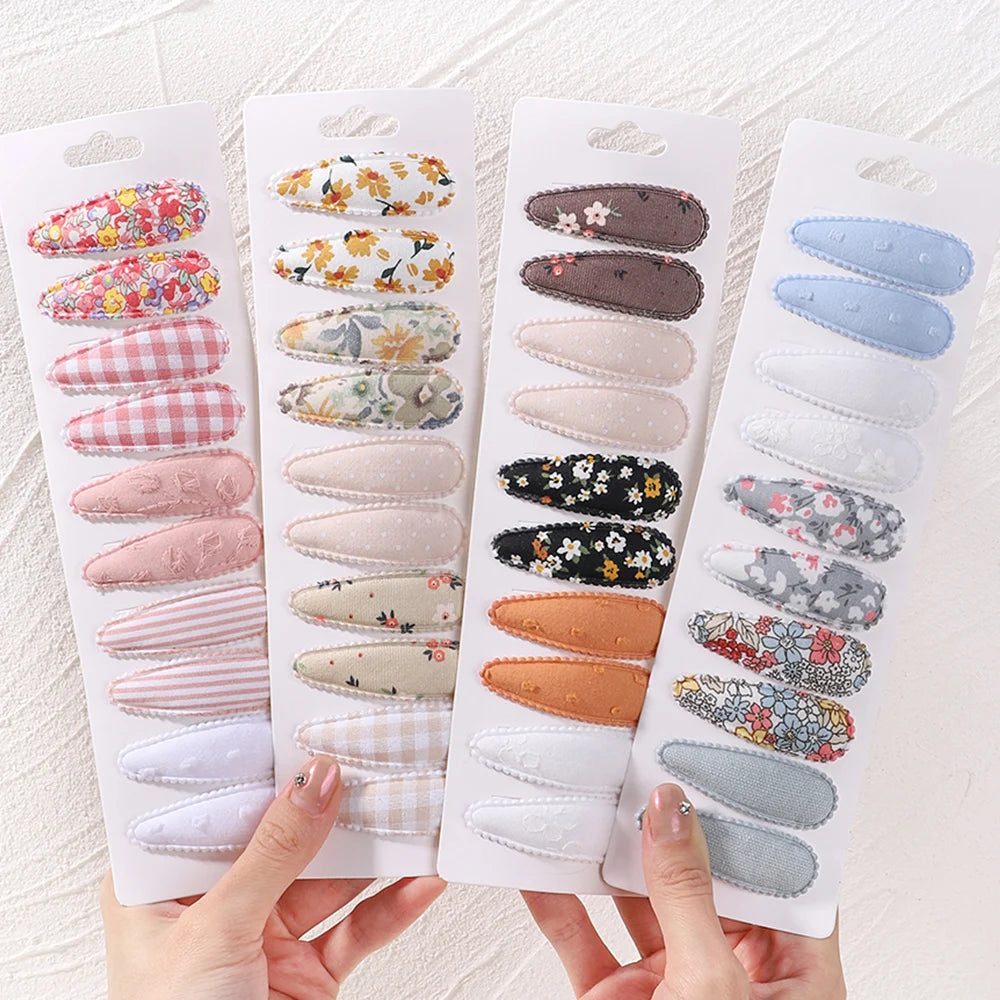 10Pcs/Lot Newborn Print Cotton Alloy Hair Bow Snap Clips Set Fabric Plaid Hairpins Girls Kids Headwear Baby Hair Accessories