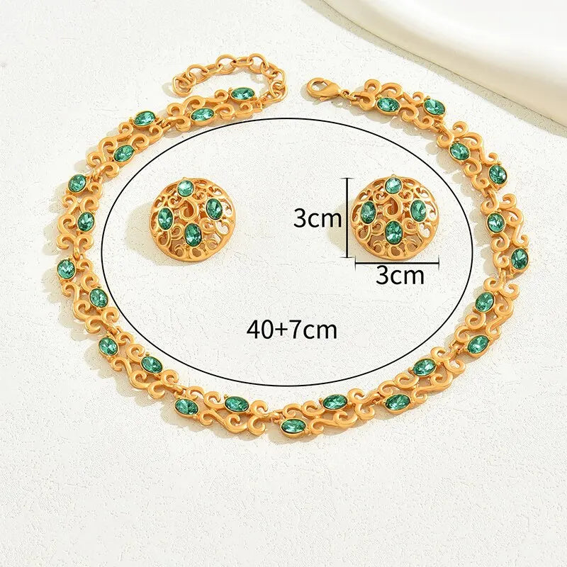 Lake water green stone hollow necklace set vintage shiny gold color choker necklace small ear stud lobster clasp lovely jewelry