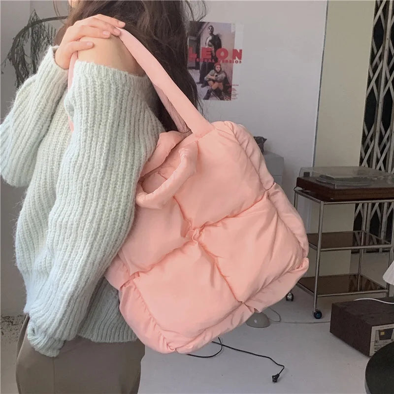 Designer Puffy Shoulder Bag Women Quilted Space Cotton Down Feather Padded Large Capacity Handbag Winter Shopping Tote Purse