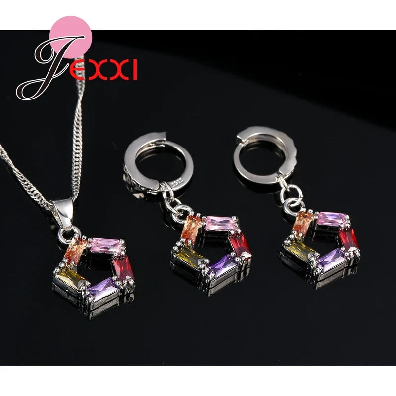 New 2 Colors Necklace Pendant Earrings 925 Sterling Silver Color Color Jewelry Sets For Women Ladies Stars Shape Party Gifts