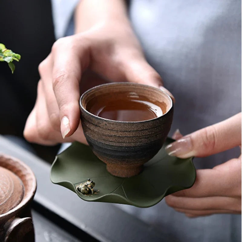 Lotus Leaves Coaster Kung Fu Teaware Accessories Cup Holder Handmade Frog Sculpture Tea Pet Home Desktop Decorative Ornament