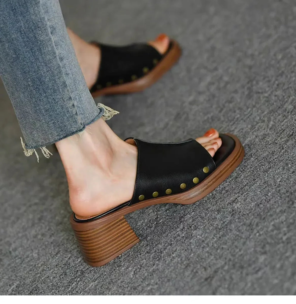 Women Slippers Thick High Heels Genuine Leather Quality Fashion Peep Toe Pumps Platforms Casual Party Shoes Woman Slides Women