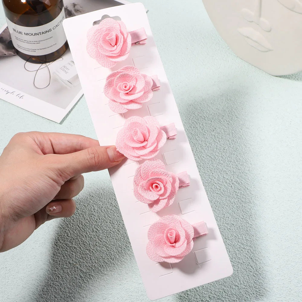 5Pcs/Set Solid Color Sweet Camellia Hair Clips For Kids Girls Flower Hairpins Covered Safety Clips Headwear Hair Accessories