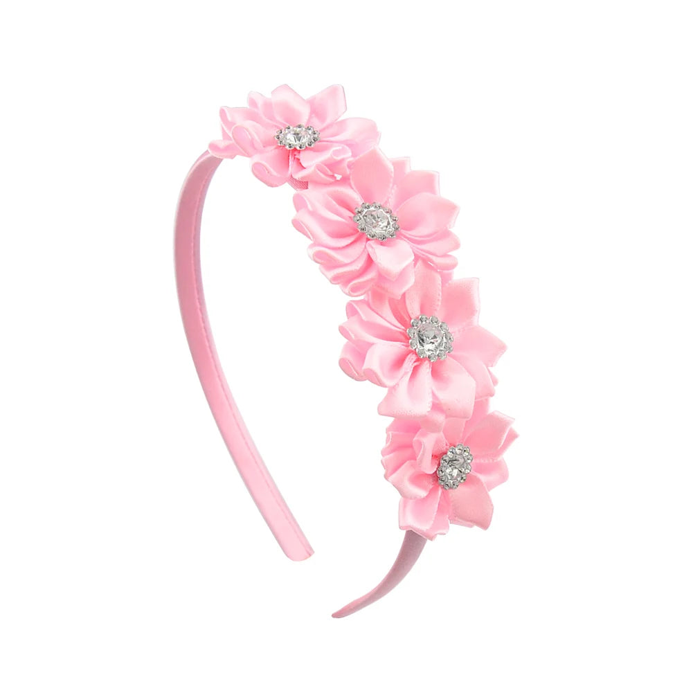 1PC Cute Hairband Kids Princess Headwear Boutique Triple Satin Flowers with Zircon Hair Accessories Head Hoop for Girls Headband