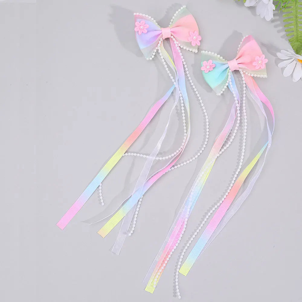 Sweet Pearl Long Tassel Hairpin Girls Satin Ribbon Hair Clip Barrettes Kids Party Hair Accessories Headwear Ponytail Clips