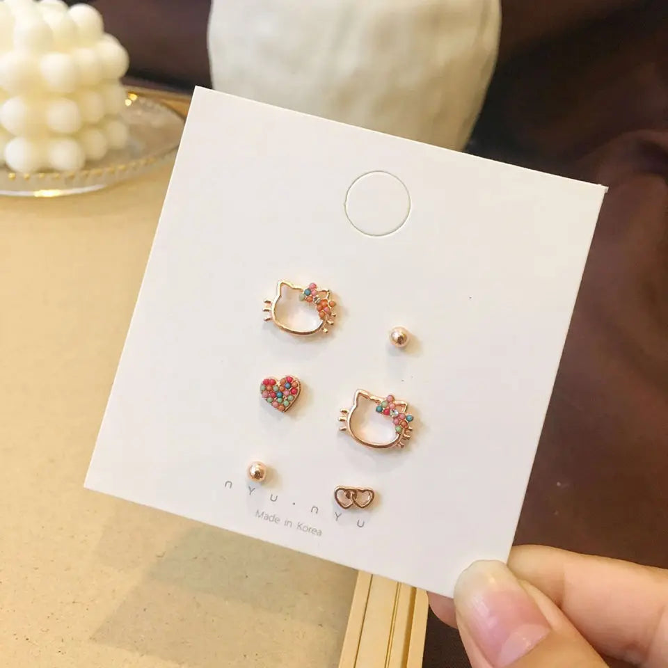 Sanrio Hello Kitty 925 Sterling Silver Earrings Korean Cute Girl Earrings Set All-matching Earrings Good Friend Birthday Gift