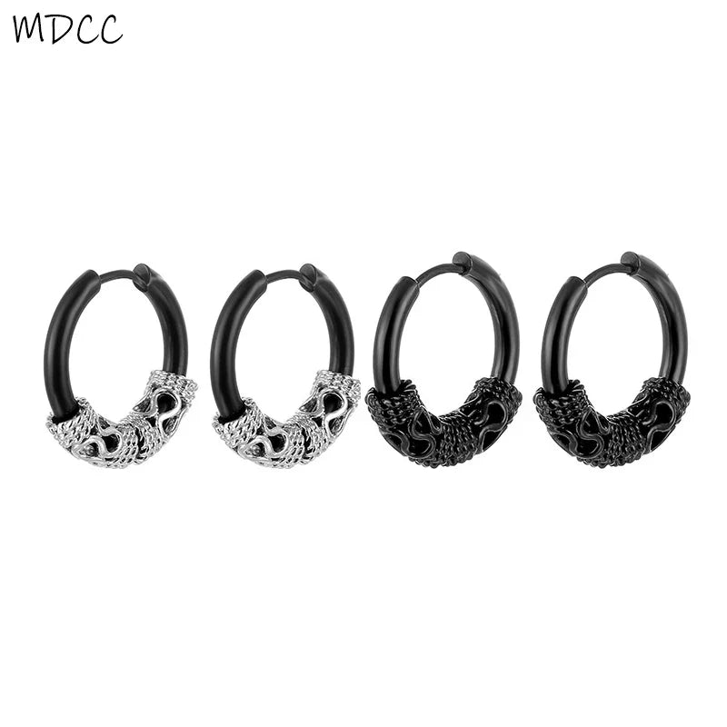 1 Pair Dragon Totem Hoop Earrings For Women Men Stainless Steel Silver Black Earlobe Ear Buckle Jewlery Birthday Gifts