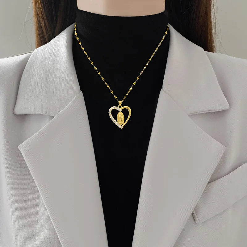 Stainless Steel Crystal Heart Virgin Mary Necklace for Women Amulet Gold Plated Necklace Religious Jewelry Our Lady of Aparecida