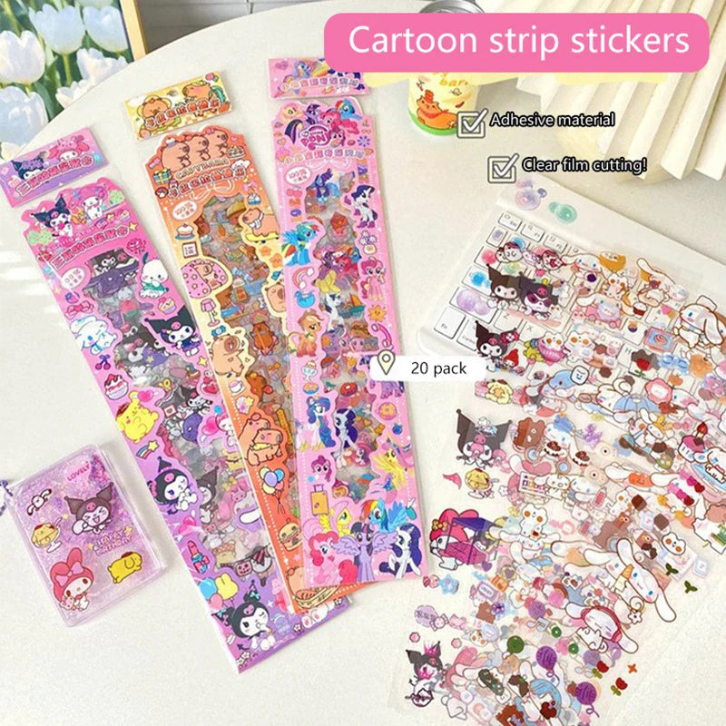 20Stickers Cartoon Cinnamoroll Kuromi Melody Capybara PET Waterproof Pocket Decoration Sticker Hand Account Decorate Set