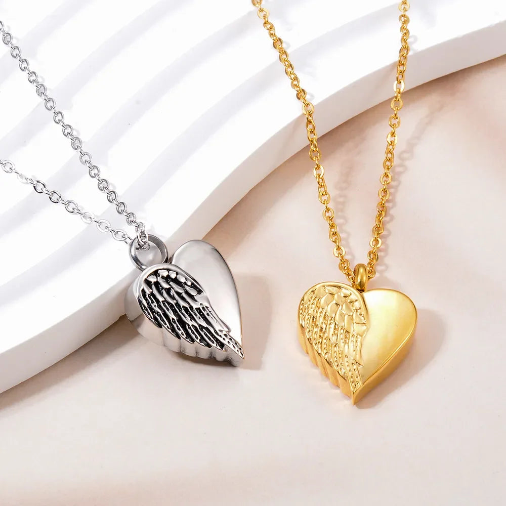 Stainless Steel Angel Wing Hold Heart Cremation Urn Necklace Keepsake Memroial Jewelry For Ash