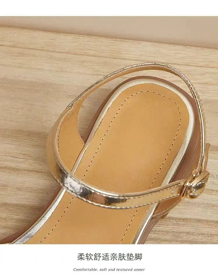 2024 Summer New PU Leather Women's Flat Sandals Casual Strap Open Toe Bow Women's Shoes Casual Sandals