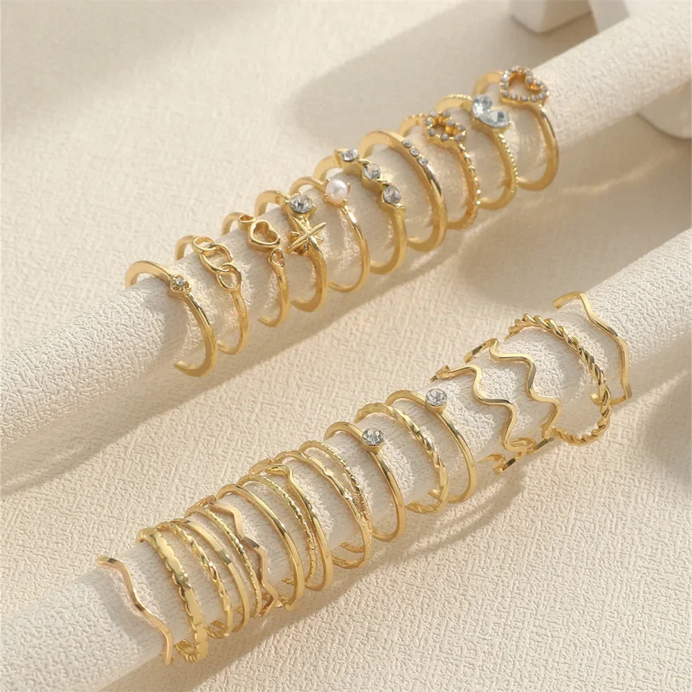 Fashion Simple Wave Joint Rings Set For Women Crystal Heart Shape Gold Silver Color Ring Female Party Jewelry