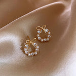 Load image into Gallery viewer, Round Wreath Bow Pearl Stud Earrings Elegant Trend Fashion Korean Women Jewelry Simple Pearl Stud Earrings Small Zircon Ear Clip
