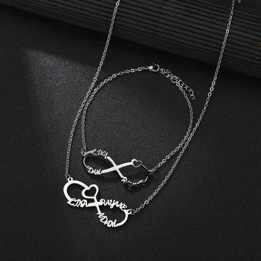Custom Multiple Name Stainless Steel Necklace Personalize 8-Character Shape Bracelet＆Necklace Women‘s Set Jewelry Versatile Gift