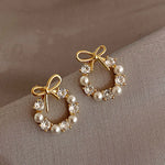 Load image into Gallery viewer, Round Wreath Bow Pearl Stud Earrings Elegant Trend Fashion Korean Women Jewelry Simple Pearl Stud Earrings Small Zircon Ear Clip
