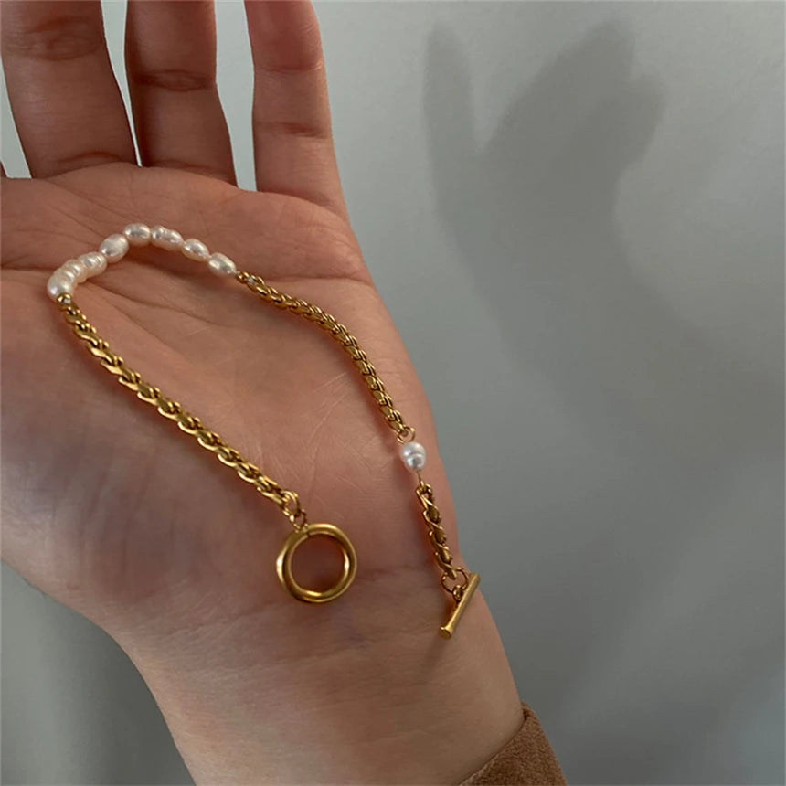 316L Stainless Steel Simplicity Vintage Irregular Shaped Pearl OT Buckle Chain Bracelet For Women Fashion Fine Jewelry Gift B628