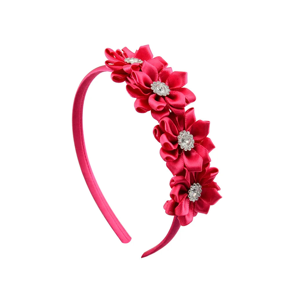 1PC Cute Hairband Kids Princess Headwear Boutique Triple Satin Flowers with Zircon Hair Accessories Head Hoop for Girls Headband