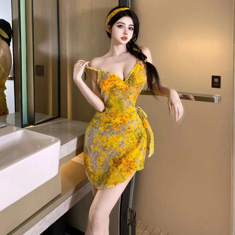 Summer Women's New Beach Style Sexy Yellow Print War robe sling Deep V low-cut Lace up Irregular backless Mini Dress