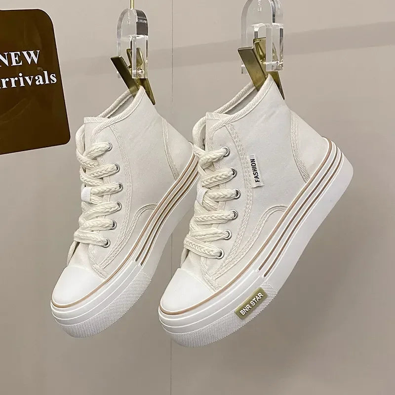 Women Autumn 2023 New Fashion Thick Platform Leisure Sports Shoe White Sneakers Breathable Casual High Top Canvas Shoes 40