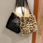 Load image into Gallery viewer, Ladies Women Girls Leopard Printed Shoulder Bag Soft Fluffy Plush Handbag Winter Tote Bag Crossbody Messenger Bag
