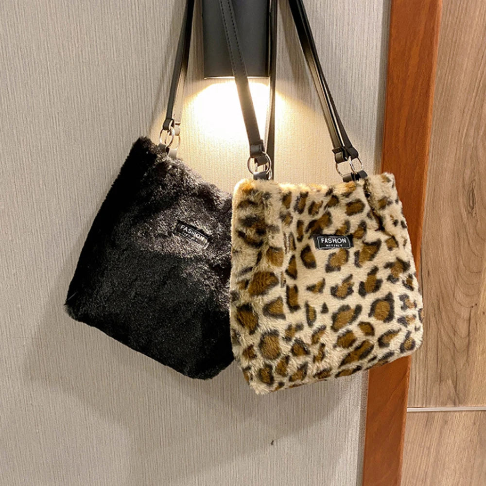 Ladies Women Girls Leopard Printed Shoulder Bag Soft Fluffy Plush Handbag Winter Tote Bag Crossbody Messenger Bag