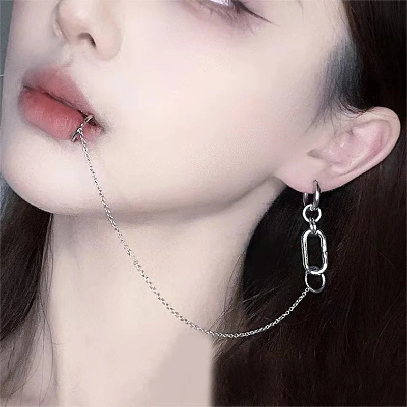 Cool Style Fake Piercing Lip Clip Earring Punk Chain Linked Earrings Hinged Lip Ring For Women Men Fashion Jewelry Accessories