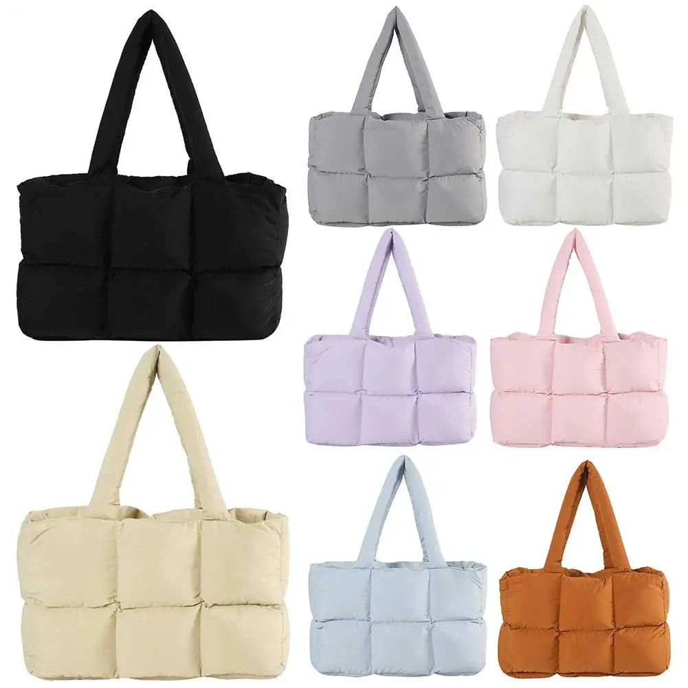 Women Aesthetic Puffy Bags Solid Color Quilted Fashion Shopping Bag Large Capacity Soft Cloud Tote Bag Casual Tote Bag