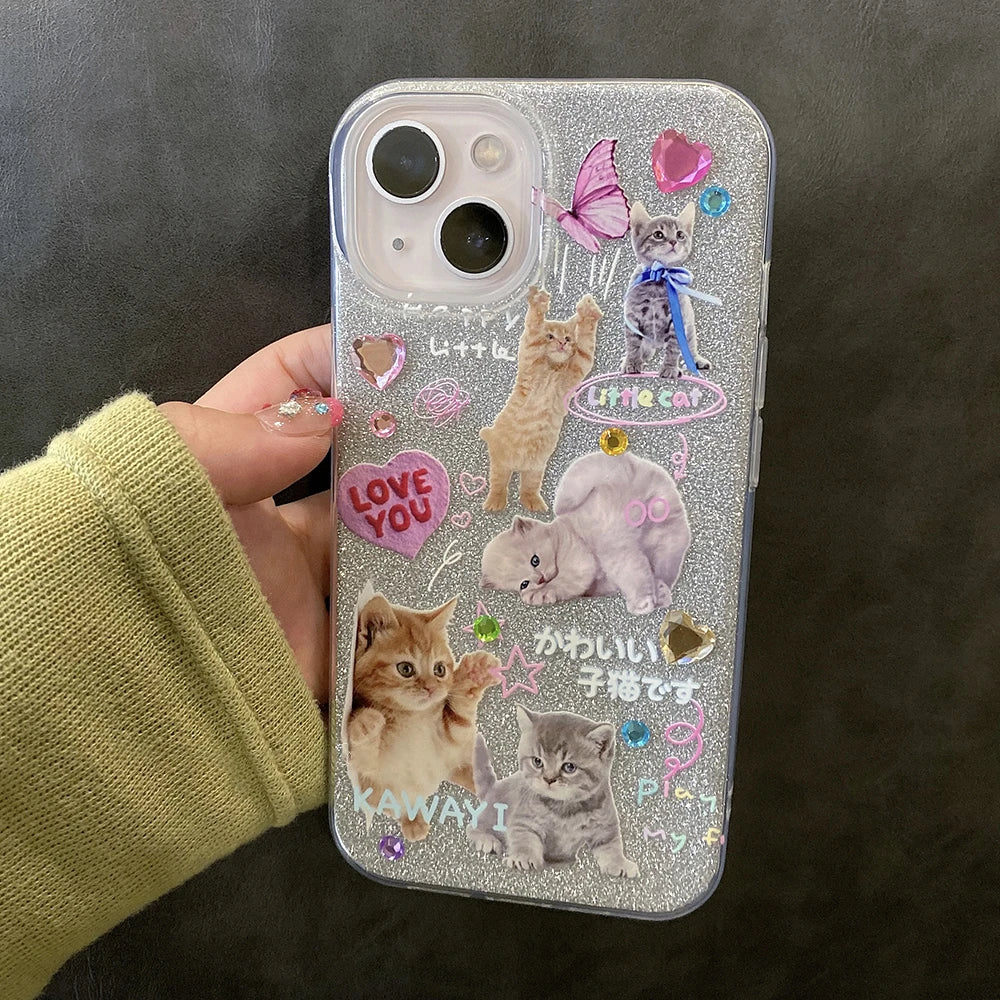 Korean Cute Glitter Cat Cloear Phone Case For iPhone 15 14 13 12 11 Pro Max X XS XR 7 8 Plus SE 3 Lovely Shockproof Soft Cover