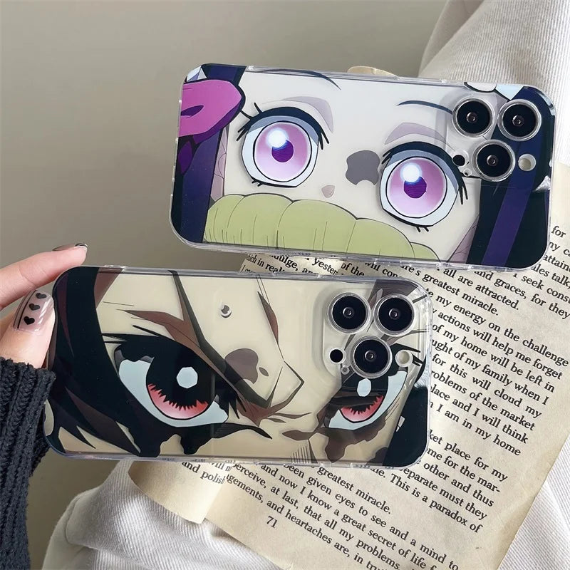 Cute Cartoon Japan Anime Demon Slayer Tanjirou Kamado Nezuko Protective Case For iPhone 15 14 13 12 11 Pro Max Laser Soft Cover