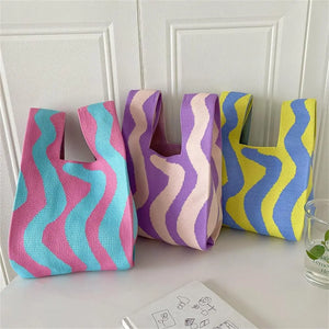 New Stripes Knit Handbags Women Handmade Knot Wrist Bag Casual Small Tote Bag Girls Reusable Shopping Bags